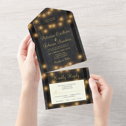 Rustige houtsnaarlampen bruiloft all in one uitnodiging (Afscheurbaar)