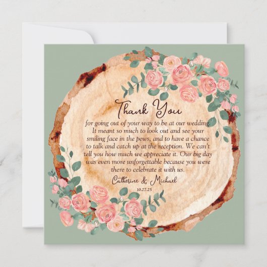 Rustige houtsresten Waterverf Roze Groen Bedankkaart (Voorkant)