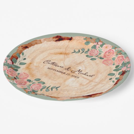 Rustige houtsresten Waterverf Roze Groen Papieren Bordje (Gekanteld)