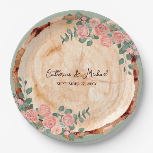 Rustige houtsresten Waterverf Roze Groen Papieren Bordje (Voorkant)