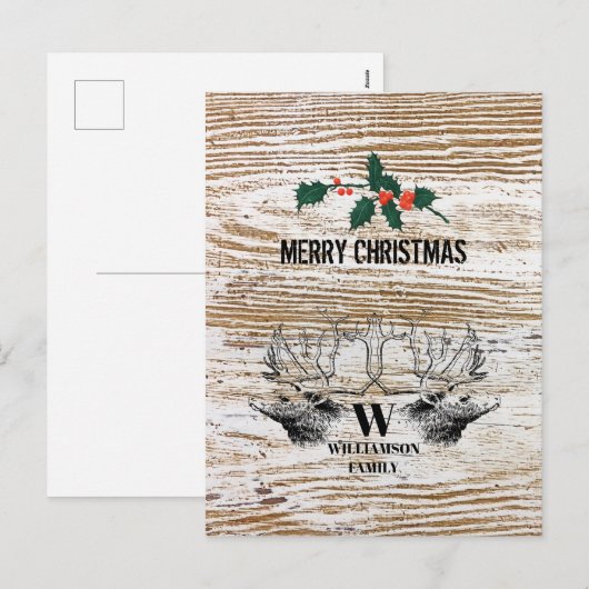 Rustige houtstructuur hert boshuisje Kerstmis Feestdagenkaart (Voorkant / Achterkant)