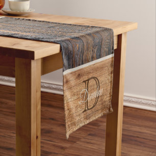 Rustige houttoon, bruin stripe Monogram, korte tab Tafelloper