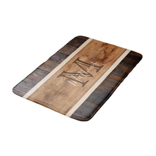 Rustige houttoon Stripe Monogram Brown Badmat (Gekanteld)