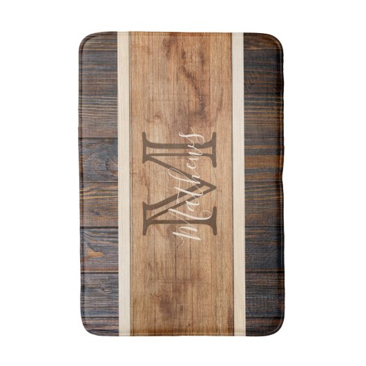 Rustige houttoon Stripe Monogram Brown Badmat (Voorkant Verticaal)