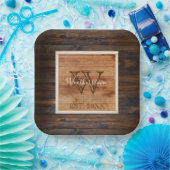 Rustige houttoonmonogram groot papieren bordje (Feest)