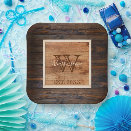 Rustige houttoonmonogram groot papieren bordje (Feest)