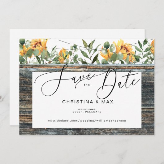 Rustige houtzonnebloem en licht Bespaar de datum Save The Date (Voorkant / Achterkant)