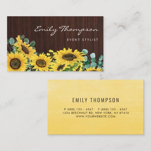 Rustige houtzonnebloemen en eucalyptus Floral Visitekaartje (Voorkant / Achterkant)