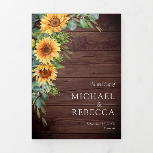 Rustige houtzonnebloemen Eucalyptus QR Code Wedden Drieluik Uitnodiging (Cover)