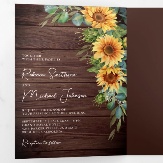 Rustige houtzonnebloemen Eucalyptus QR Code Wedden Drieluik Uitnodiging (Binnenzijde eerst)