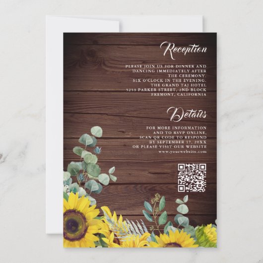 Rustige houtzonnebloemen Eucalyptus QR Code Wedden Kaart (Achterkant)