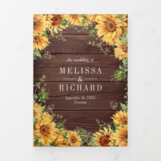 Rustige houtzonnebloemen Mason Jar QR Code Weddens Drieluik Uitnodiging (Cover)