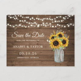 Rustige houtzonnebloemen Mason Jar Save the Date Aankondigingskaart