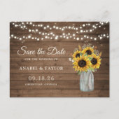 Rustige houtzonnebloemen Mason Jar Save the Date Aankondigingskaart (Voorkant)