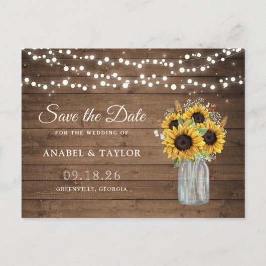 Rustige houtzonnebloemen Mason Jar Save the Date Aankondigingskaart (Voorkant)