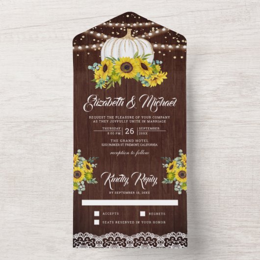 Rustige houtzonnebloemen Witte pompoen bruiloft All In One Uitnodiging (Binnen)