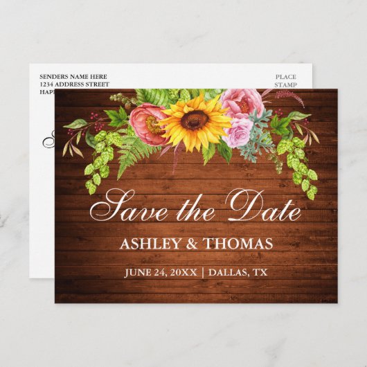 Rustige houtzonnebloempels sparen de datum uitnodiging briefkaart (Voorkant / Achterkant)