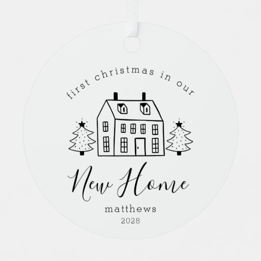 Rustige Huis en Trees Eerste Kerstmis Nieuw Huis O Metalen Ornament (Voorkant)