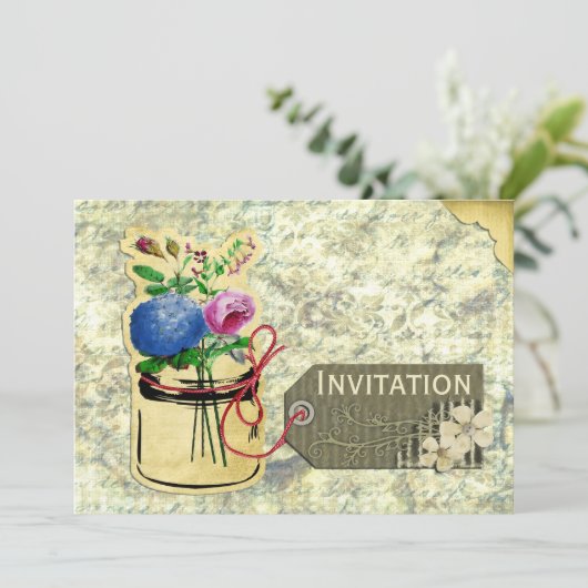 rustige  hydrangea rozen mason jar nodigt uit kaart (Staand voorkant)