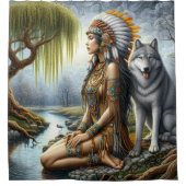 Rustige Indiase vrouw met wolf bij de rivier Douchegordijn (Voorkant)