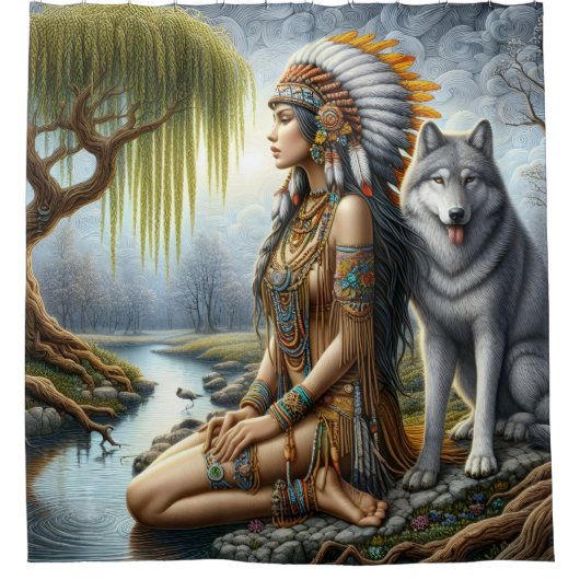 Rustige Indiase vrouw met wolf bij de rivier Douchegordijn (Voorkant)