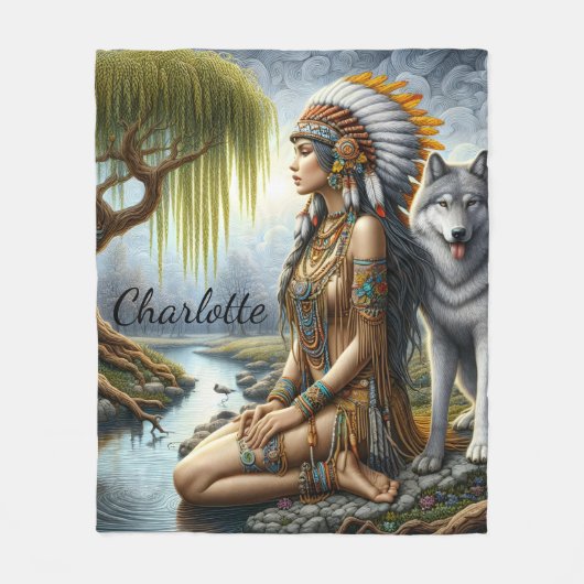 Rustige Indiase vrouw met wolf bij de rivier Fleece Deken (Voorkant)