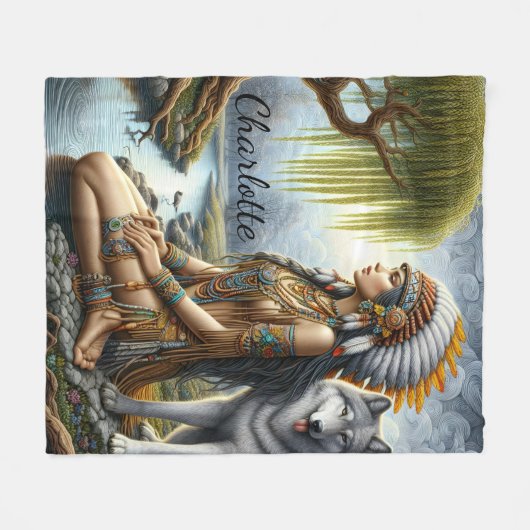 Rustige Indiase vrouw met wolf bij de rivier Fleece Deken (Voorkant (Horizontaal))