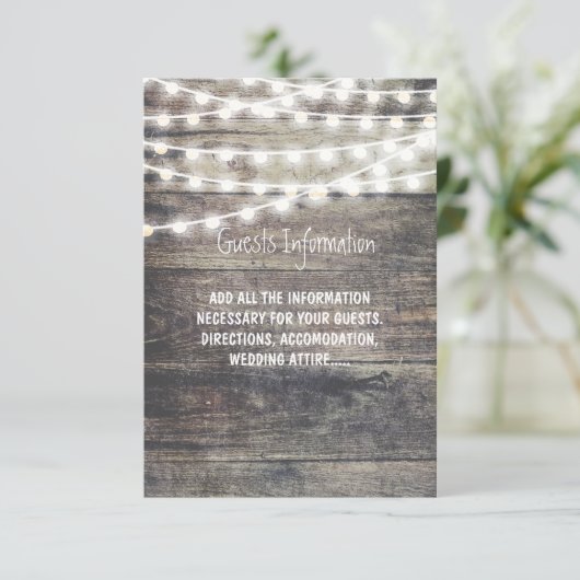 Rustige informatie over hout en snaarlampen trouwg informatiekaartje (Staand voorkant)