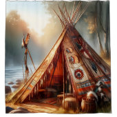 Rustige inheemse Indiase tipi bij een serene rivie Douchegordijn (Voorkant)