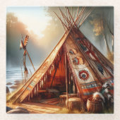 Rustige inheemse Indiase tipi bij een serene rivie Glazen Onderzetter (Voorkant)