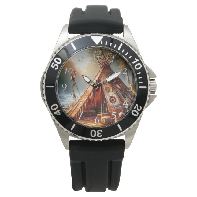 Rustige inheemse Indiase tipi bij een serene rivie Horloge (Voorkant)