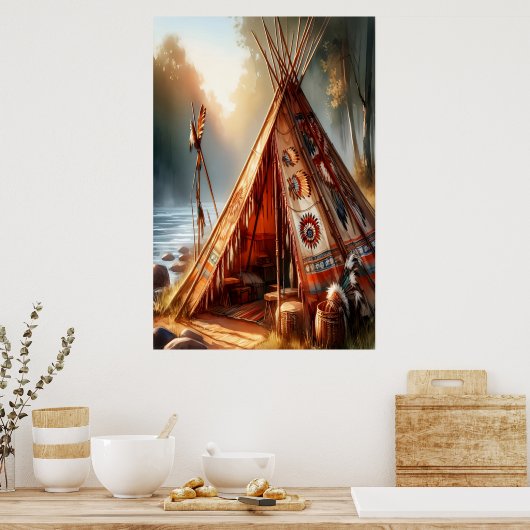 Rustige inheemse Indiase tipi bij een serene rivie Poster (Keuken)