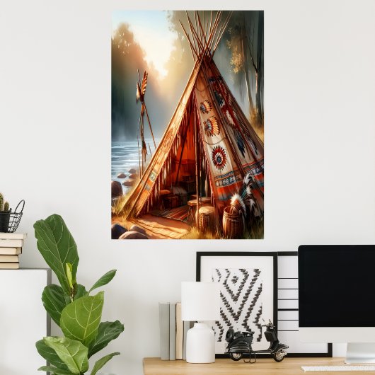 Rustige inheemse Indiase tipi bij een serene rivie Poster (Thuiskantoor)