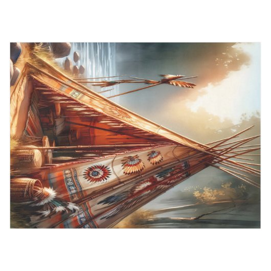 Rustige inheemse Indiase tipi bij een serene rivie Tafelkleed (Voorkant (Horizontaal))