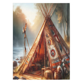 Rustige inheemse Indiase tipi bij een serene rivie Tafelkleed