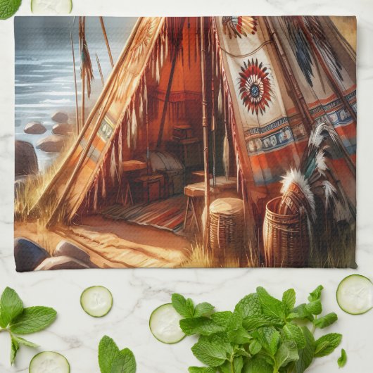 Rustige inheemse Indiase tipi bij een serene rivie Theedoek (Gevouwen)