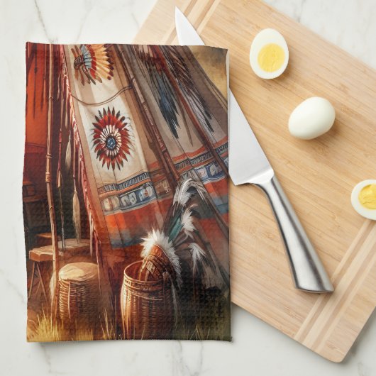 Rustige inheemse Indiase tipi bij een serene rivie Theedoek (Quarter Fold)