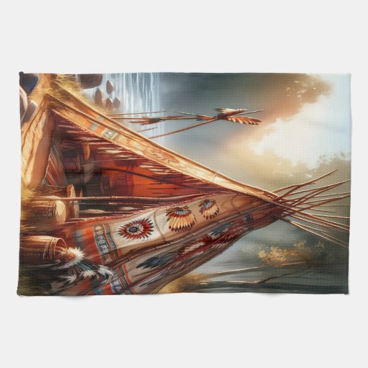 Rustige inheemse Indiase tipi bij een serene rivie Theedoek (Horizontaal)