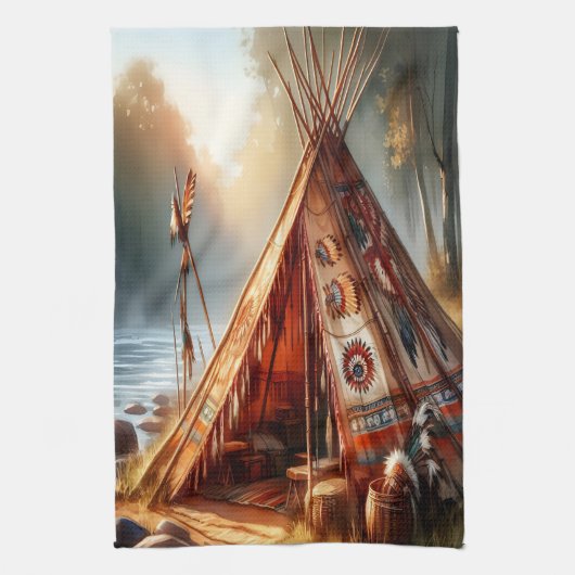 Rustige inheemse Indiase tipi bij een serene rivie Theedoek (Verticaal)