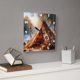 Rustige inheemse Indiase tipi bij een serene rivie Vierkante Klok