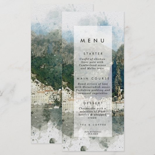 Rustige Italiaanse Amalfi-trouwmenkkaarten Menu (Voorkant / Achterkant)
