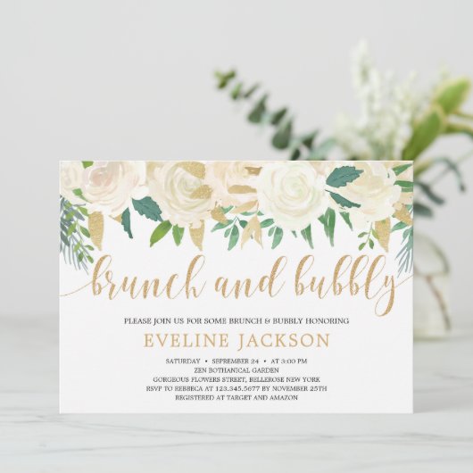 Rustige ivoor floraal goud glitter brunch en bubbl kaart (Staand voorkant)