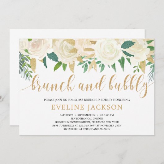 Rustige ivoor floraal goud glitter brunch en bubbl kaart (Voorkant / Achterkant)