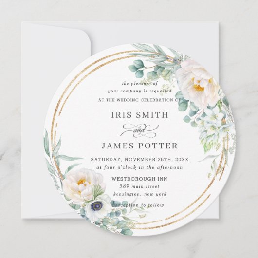 Rustige Ivory Floral Eucalyptus Wedding Gold Cirke Kaart (Voorkant)