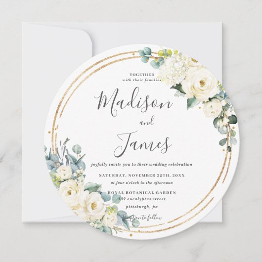 Rustige Ivory Floral Eucalyptus Wedding Gold Cirke Kaart (Voorkant)