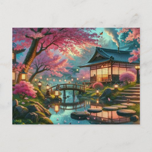 Rustige Japanse tuin in de lente schilderen Briefkaart (Voorkant)