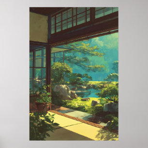Rustige Japanse Tuinaanzicht Afdruk - Helder Groen Poster