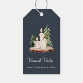 Rustige kaarsen op houten Warmste kerst Cadeaulabel