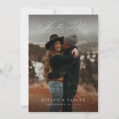 Rustige kalligrafie script QR-code trouwfoto Save The Date (Voorkant)