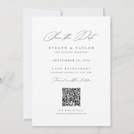 Rustige kalligrafie script QR-code trouwfoto Save The Date (Achterkant)